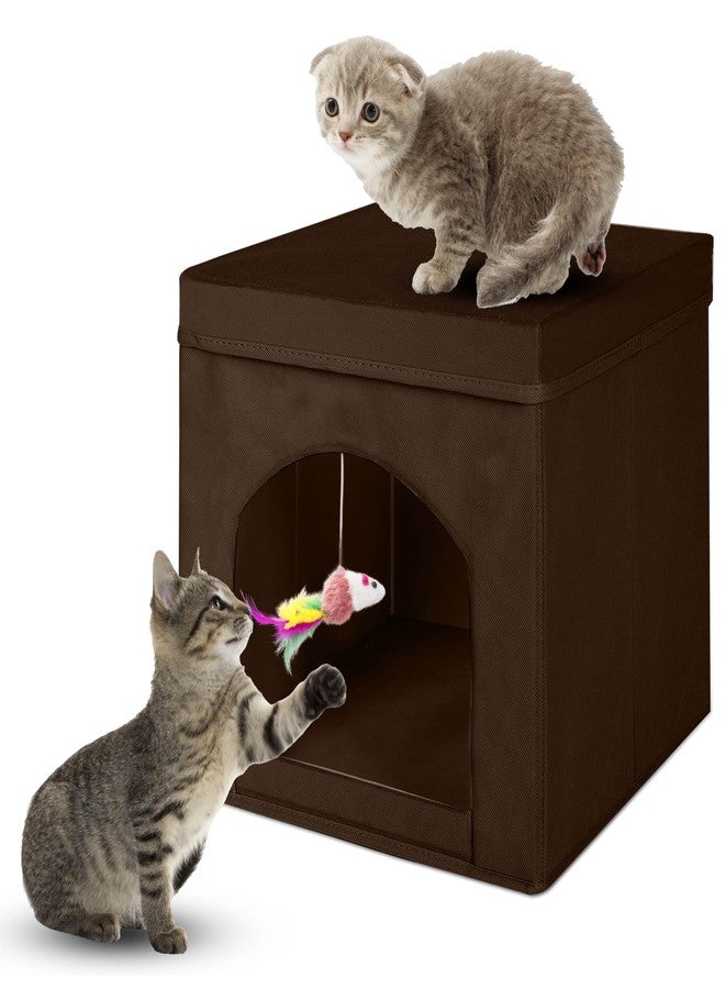 PowerKing Powering Collapsible Cat House for Indoor Cats - Foldable Cat Cube with Top Cushion and Mat, 13 x 13 x 13 Inches, Brown - Image 1